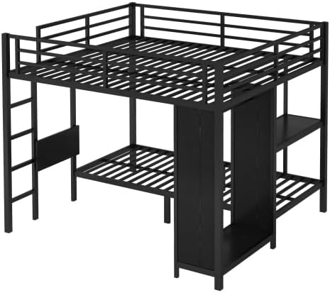 Bunk Bed Frame with Built-in Wardrobe King Over Twin XL Size, Metal Loft Bed with Foldable Desk and Storage Shelf, Black Bunk Beds King Size for Adults Teen Kids, No Box Spring Needed