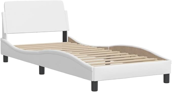 Twin Bed Frame White Upholstered Platform Bed with Storage Space Modern Faux Leather Design Easy Assembly for Bedroom