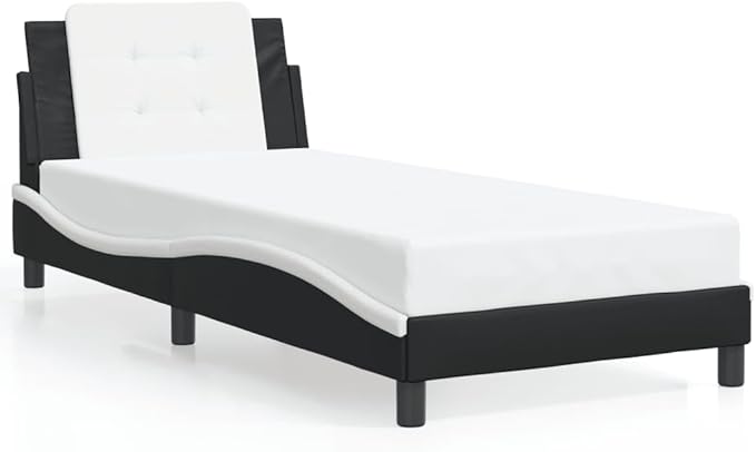 Modern Faux Leather Bed Frame with Headboard Black and White Queen Size Platform Bed Frame Sturdy Construction Space Saving Design for Bedroom