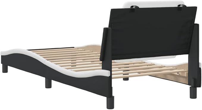 Bed Frame Black and White Modern Faux Leather Bed Frame with Headboard, Sturdy Single Mattress Support for Bedroom