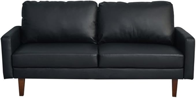 Pemberly Row Modern PU Leather Sofa Couch with Wooden Legs – Black, 70 Inch Upholstered Sofa, High-Density Cushion, Straight Arm Design for Living Room, Apartment or Office