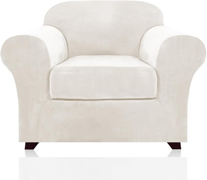 PrinceDeco Velvet Plush Couch Cover Stretch 2 Piece Chair Cover Chair Slipcover Washable Furniture Protector Couch Soft with Elastic Bottom Armchair Cover Width Up to 49 Inch(Small, Porcelain)