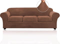 PrinceDeco Velvet Couch Covers for Sofa Soft 4 Pieces Couch Covers for 3 Cushion Couch Sofa Pet Friendly Furniture Protector with Non Slip Elastic Bottom Width Up to 97 Inch (Large Sofas, Caramel)
