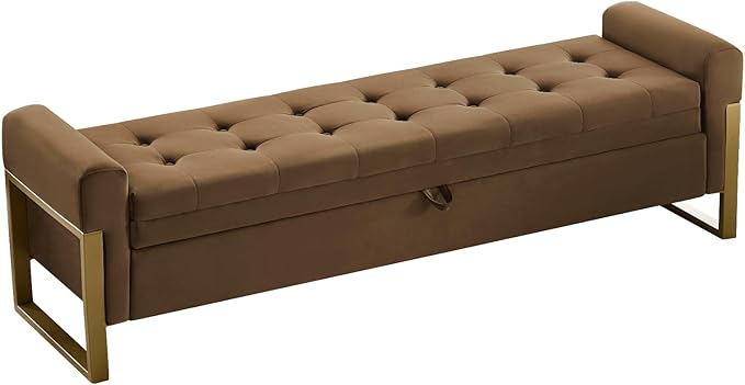 67" End of Bed Storage Bench King Size, Velvet Storage Bench for Bedroom Foot of Bed, Upholstered Storage Ottoman Bench with Gold Legs for Window Living Room Entryway, Brown