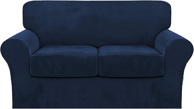 FantasDecor 3 Piece Sofa Covers Velvet for 2 Cushion Couch Stretch Loveseat Slipcover with Individual Seat Elastic Furniture Protector for Pets (Loveseat, Navy)