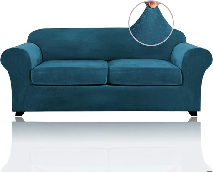 PrinceDeco Couch Cover Velvet Plush Sofa Covers for 2 Cushion Couch Width Up to 90 Inch Washable Furniture Protector Pet Friendly No Slip Sofa Slipcover(Medium-Large, Deep Teal)
