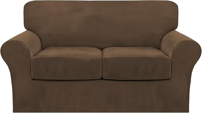 FantasDecor 3 Piece Sofa Covers Velvet for 2 Cushion Couch Stretch Loveseat Slipcover with Individual Seat Elastic Furniture Protector for Pets (Loveseat, Bronze Brown)