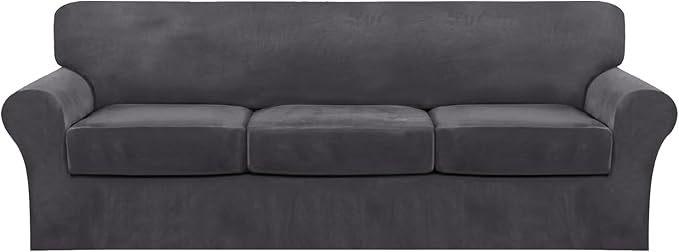 FantasDecor 4 Piece Sofa Velvet Couch Covers for 3 Cushion Stretch Slipcover with Individual Seat Cushion Elastic Furniture Protector for Pets, Machine Washable (Large Sofa, Gray)