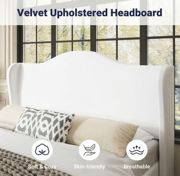Allewie Velvet Platform Queen Bed Frame with Wingback and 47" Tall Tufted Headboard, Modern Minimalist Design, No Box Spring Required, Tool-Free Assembly, White