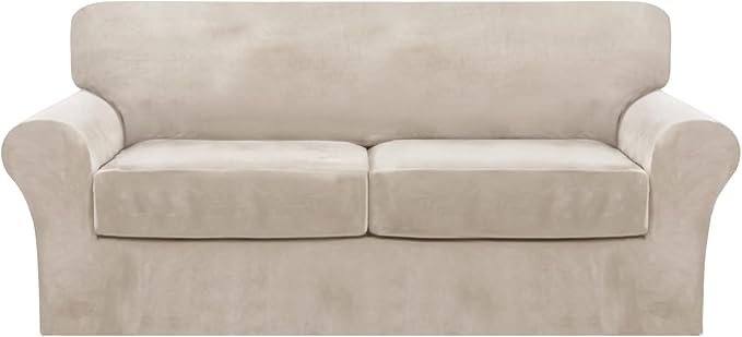 FantasDecor 3 Piece Sofa Covers Velvet for 2 Cushion Couch Stretch Loveseat Slipcover with Individual Seat Elastic Furniture Protector for Pets (Sofa, French Oak)