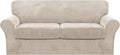 FantasDecor 3 Piece Sofa Covers Velvet for 2 Cushion Couch Stretch Loveseat Slipcover with Individual Seat Elastic Furniture Protector for Pets (Sofa, French Oak)