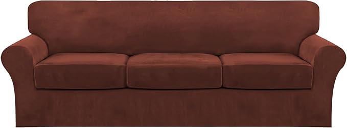 FantasDecor 4 Piece Sofa Velvet Couch Covers for 3 Cushion Stretch Slipcover with Individual Seat Cushion Elastic Furniture Protector for Pets, Machine Washable (Large Sofa, Burnt Brick)