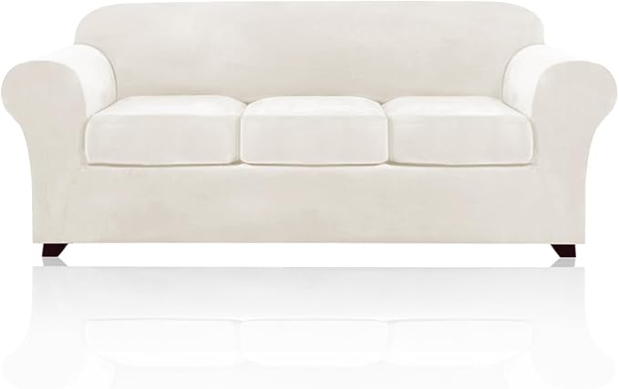 PrinceDeco Velvet Couch Covers for Sofa Soft 4 Pieces Couch Covers for 3 Cushion Couch Sofa Pet Friendly Furniture Protector with Non Slip Elastic Bottom Width Up to 90 Inch (Large, Porcelain)