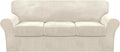 FantasDecor 4 Piece Sofa Velvet Couch Covers for 3 Cushion Stretch Slipcover with Individual Seat Cushion Elastic Furniture Protector for Pets, Machine Washable (Sofa, Ivory)