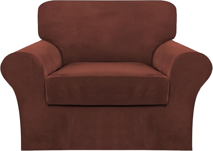 FantasDecor 2 Piece Chair Sofa Covers Velvet for Living Room Slipcovers with Individual Cushion Elastic Furniture Protector for Pets, Machine Washable (Armchair, Burnt Brick)