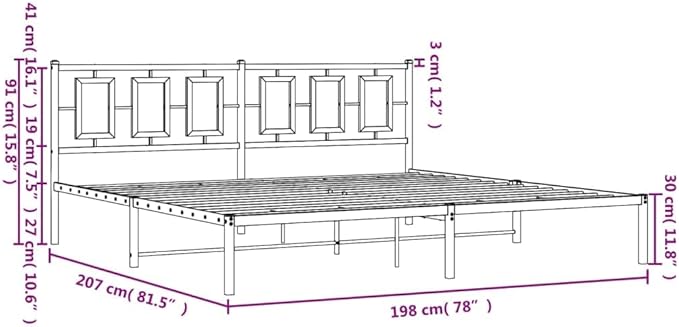 vidaXL White Metal Bed Frame with Headboard - Modern Bedroom Furniture King 76"x79.9" - Powder-Coated Steel Construction, Supportive Slats