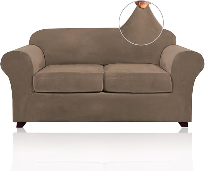PrinceDeco Velvet Couch Cover Loveseat Covers for 2 Cushion Couch 3 Piece Sofa Covers for Dogs Washable Loveseat Covers Width Up to 72 Inch No Slip Stretch Sofa Slipcover(Medium, Mocha)
