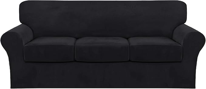 FantasDecor 4 Piece Sofa Velvet Couch Covers for 3 Cushion Stretch Slipcover with Individual Seat Cushion Elastic Furniture Protector for Pets, Machine Washable (Sofa, Black)
