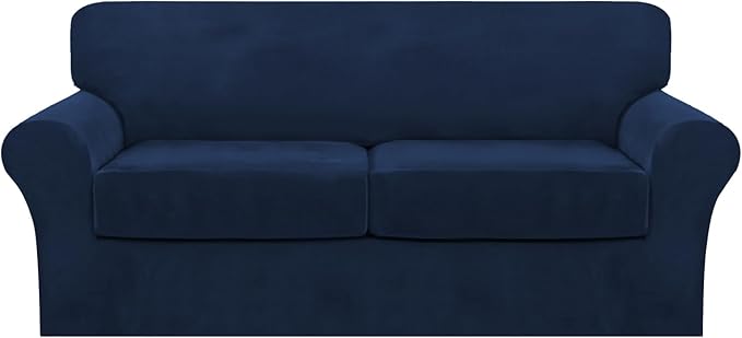 FantasDecor 3 Piece Sofa Covers Velvet for 2 Cushion Couch Stretch Loveseat Slipcover with Individual Seat Elastic Furniture Protector for Pets (Sofa, Navy)