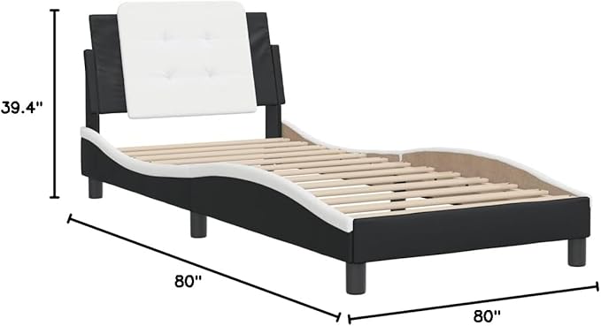 Modern Faux Leather Platform Bed Frame, Black and White, with Cushioned Headboard for Bedroom Furniture Assembly