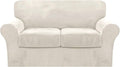 FantasDecor 3 Piece Sofa Covers Velvet for 2 Cushion Couch Stretch Loveseat Slipcover with Individual Seat Elastic Furniture Protector for Pets (Loveseat, Ivory)
