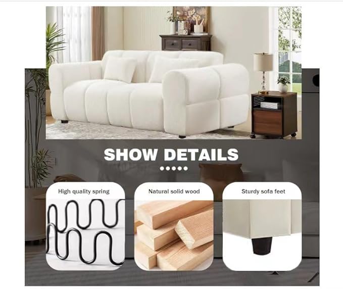 80" Modern Sofa Couch, Comfy Deep Seat Teddy Cloud Sofa, Upholstered 3-Seater Boucle Couch, Oversized Loveseat for Living Room, Bedroom, Office, Apartment(White)