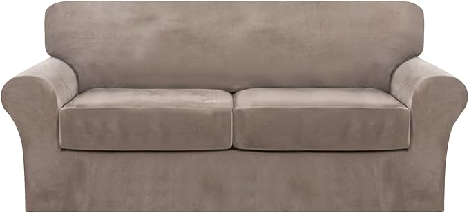 FantasDecor 3 Piece Sofa Covers Velvet for 2 Cushion Couch Stretch Loveseat Slipcover with Individual Seat Elastic Furniture Protector for Pets (Sofa, Taupe)