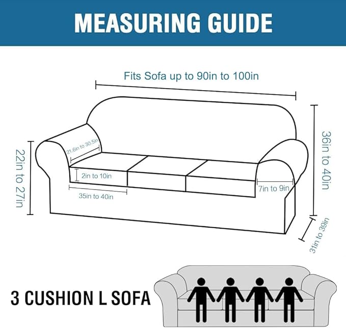 H.VERSAILTEX 4 Piece Stretch Sofa Covers for 3 Cushion Couch Covers for Living Room Furniture Slipcovers (Base Cover Plus 3 Seat Cushion Covers) Thicker Jacquard Fabric (Large Sofa, Dove)