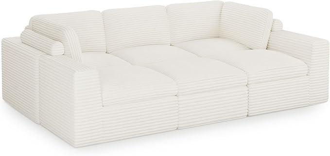 Belffin Boneless Modular Cloud Sectional Sleeper Sofa Bed Plush Corduroy Boneless Sectional Couches for Living Room with Ottoman No Assembly Required. Beige Couch