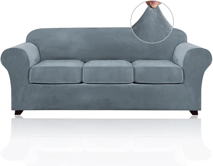 PrinceDeco Velvet Couch Covers for Sofa Soft 4 Pieces Couch Covers for 3 Cushion Couch Sofa Pet Friendly Furniture Protector with Non Slip Elastic Bottom Width Up to 90 Inch(Large, Stone Blue)