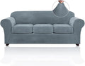 PrinceDeco Velvet Couch Covers for Sofa Soft 4 Pieces Couch Covers for 3 Cushion Couch Sofa Pet Friendly Furniture Protector with Non Slip Elastic Bottom Width Up to 90 Inch(Large, Stone Blue)