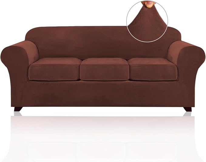 PrinceDeco Velvet Couch Covers for Sofa Soft 4 Pieces Couch Covers for 3 Cushion Couch Sofa Pet Friendly Furniture Protector with Non Slip Elastic Bottom Width Up to 90 Inch (Large, Burnt Brick)