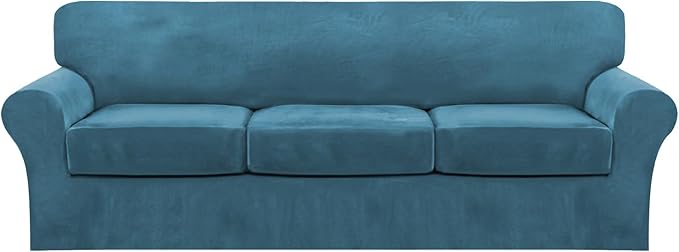 FantasDecor 4 Piece Sofa Velvet Couch Covers for 3 Cushion Stretch Slipcover with Individual Seat Cushion Elastic Furniture Protector for Pets, Machine Washable (Large Sofa, Peacock Blue)