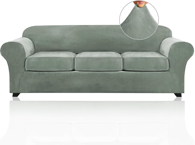 PrinceDeco PriceDeco Velvet XL Couch Cover for Oversized Sofa 4 Piece Sofa Covers for 3 Cushion Couch Washable Furniture Protector with Non Slip Elastic Bottom Width Up to 97 Inch(X-Large, Seagrass)