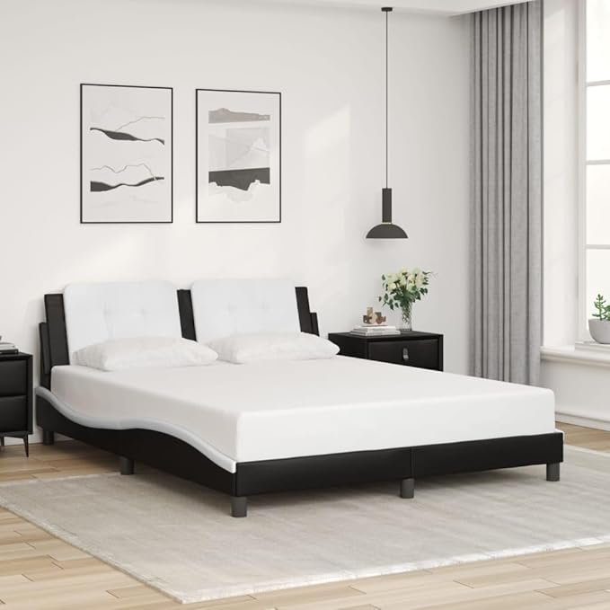 Bed Frame Black and White Faux Leather Full Durable Bed Frame Sturdy Metal for Bedroom