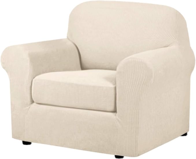 H.VERSAILTEX 2 Piece Couch Cover Stretch Stylish Chair Cover Furniture Cover/Protector Featuring Jacquard Textured Twill Fabric, High Polyester and Spandex Slipcover Machine Washable(Chair, Natural)
