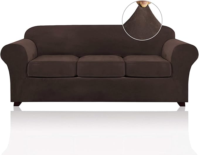 PrinceDeco Velvet Couch Covers for Sofa Soft 4 Pieces Couch Covers for 3 Cushion Couch Sofa Pet Friendly Furniture Protector with Non Slip Elastic Bottom Width Up to 90 Inch (Large, Brown)