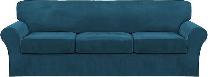 FantasDecor 4 Piece Sofa Velvet Couch Covers for 3 Cushion Stretch Slipcover with Individual Seat Cushion Elastic Furniture Protector for Pets, Machine Washable (Large Sofa, Deep Teal)