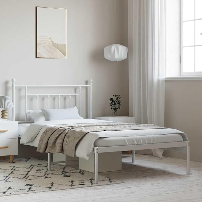 White Powder-Coated Steel Single Bed Frame Modern Platform Bed Bedroom Furniture Sturdy Mattress Support No Box Spring Needed Easy Assembly for Dorm Room Camas