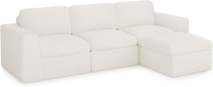 Plush Corduroy Cloud Sectional Couches for Living Room Boneless Modular Sectional Sofa Convertible 3-Seater L Shaped Couch with Ottoman. White Sofa.