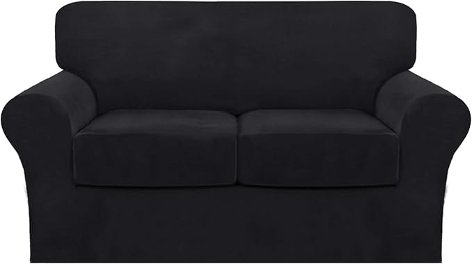 FantasDecor 3 Piece Sofa Covers Velvet for 2 Cushion Couch Stretch Loveseat Slipcover with Individual Seat Elastic Furniture Protector for Pets (Loveseat, Black)