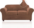PrinceDeco Velvet Couch Cover Loveseat Covers for 2 Cushion Couch 3 Piece Sofa Covers for Dogs Washable Loveseat Covers Width Up to 72 Inch No Slip Stretch Sofa Slipcover(Medium, Caramel)