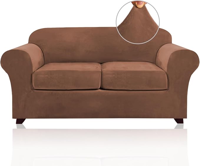 PrinceDeco Velvet Couch Cover Loveseat Covers for 2 Cushion Couch 3 Piece Sofa Covers for Dogs Washable Loveseat Covers Width Up to 72 Inch No Slip Stretch Sofa Slipcover(Medium, Caramel)