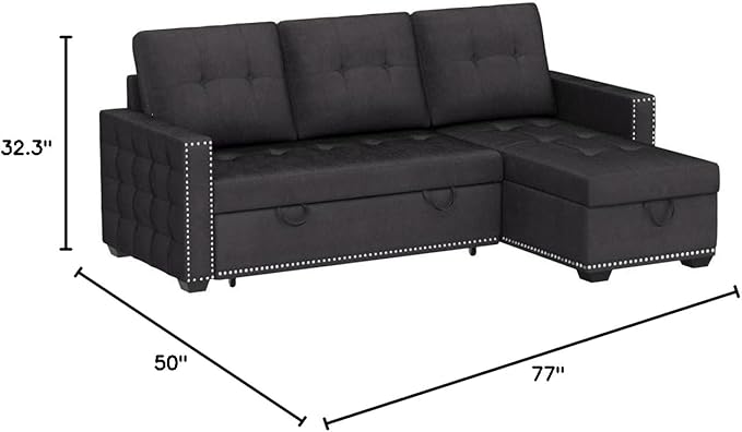 HABITRIO Sectional Sofa with Pull-Out Sleeper Bed, 76.8" Velvet Upholstered 2-Seat Solid Wood Frame Couch & Reversible Storage Chaise Lounge, Modern L-Shaped Corner Sofa for Living Room, Office