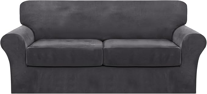 FantasDecor 3 Piece Sofa Covers Velvet for 2 Cushion Couch Stretch Loveseat Slipcover with Individual Seat Elastic Furniture Protector for Pets (Sofa, Gray)