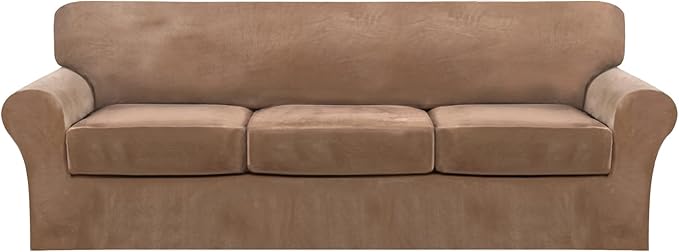 FantasDecor 4 Piece Sofa Velvet Couch Covers for 3 Cushion Stretch Slipcover with Individual Seat Cushion Elastic Furniture Protector for Pets, Machine Washable (Large Sofa, Luggage)
