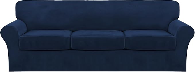 FantasDecor 4 Piece Sofa Velvet Couch Covers for 3 Cushion Stretch Slipcover with Individual Seat Cushion Elastic Furniture Protector for Pets, Machine Washable (Large Sofa, Navy)