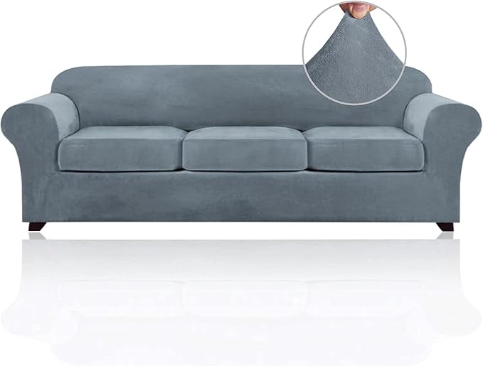 PrinceDeco Velvet XL Couch Cover for Oversized Sofa 4 Piece Sofa Covers for 3 Cushion Couch Washable Furniture Protector with Non Slip Elastic Bottom Width Up to 97 Inch(X-Large, Stone Blue)