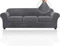 PrinceDeco Velvet XL Couch Cover for Oversized Sofa 4 Piece Sofa Covers for 3 Cushion Couch Washable Furniture Protector with Non Slip Elastic Bottom Width Up to 97 Inch(X-Large, Grey)
