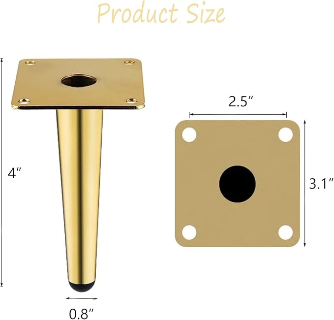 Gold Metal Furniture Legs Heavy Duty Straight Furniture Feet DIY Modern Replacement Legs for Cabinet Sofa Couch Chair-Set of 4 (Gold, 4")